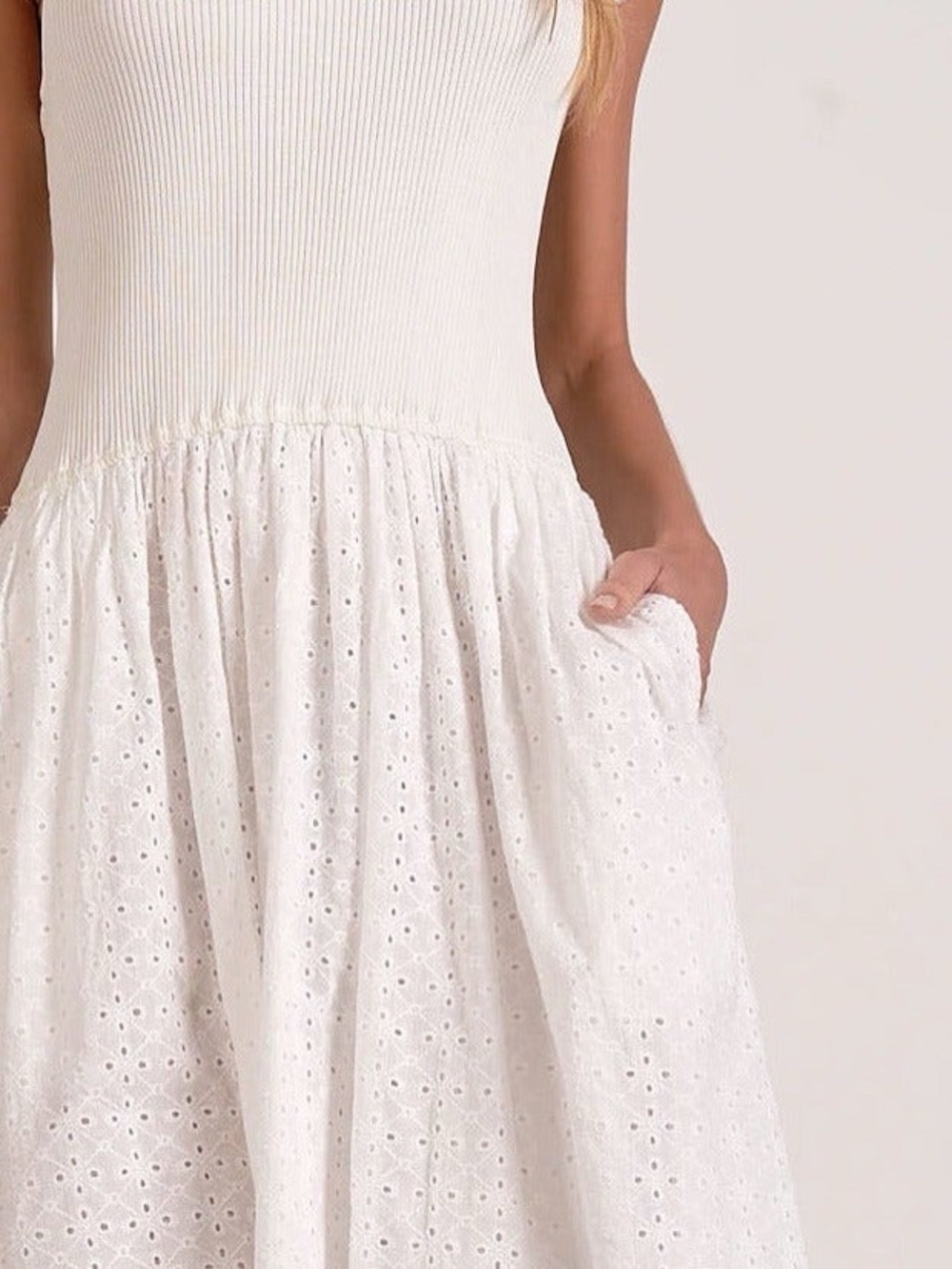 White Eyelet Midi Dress | Sleeveless Cotton Summer Dress with Pockets - Picture 4 of 7
